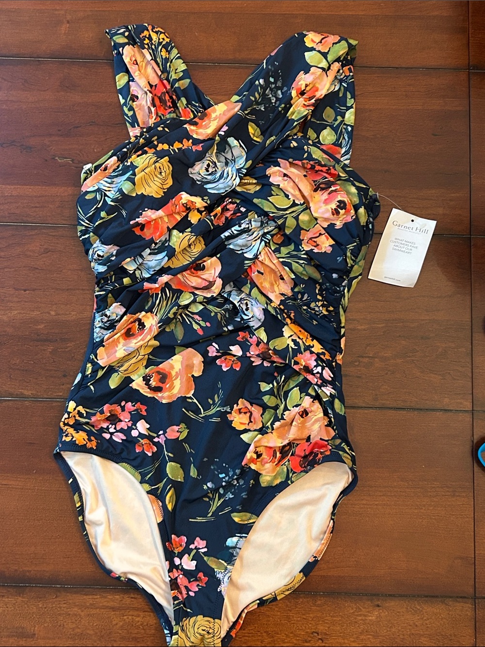 Garnet Hill Navy Floral women’s One-Piece Swimsuit Ruched Crossover Size 10
